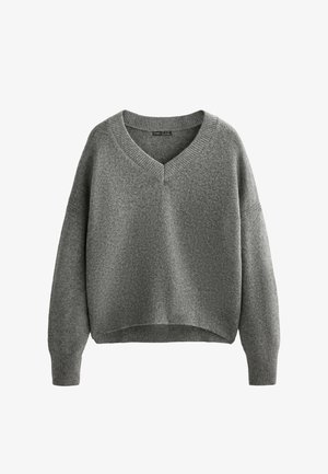 Maglione grigio corto con scollo a V, maniche lunghe e orlo a costine. Realizzato in un materiale morbido e testurizzato, presenta un fit comodo.