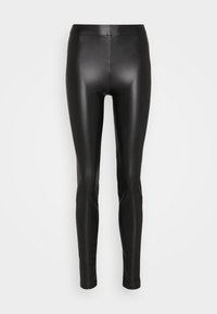 Leggings noirs en similicuir à taille haute, coupe slim et longueur intégrale, présentés sur un fond clair uni.