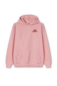 Felpa rosa realizzata in tessuto morbido, con tasca frontale e cappuccio regolabile. Scritta "HOT STUFF!" stampata in rosso intenso sul petto.