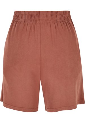Cotton blend shorts in terracotta color with an elastic waistband, featuring stitched hems and a relaxed fit. Smooth texture, simple design.