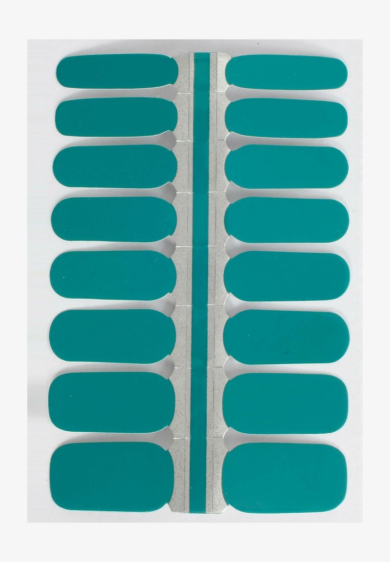 Rappels d'ongles en teal disposés en deux rangées avec une forme arrondie, comportant un accent argenté au centre. Texture lisse et brillante.