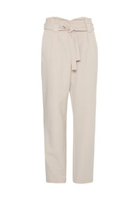 Pantaloni beige a vita alta con cintura legata in vita, caratterizzati da una vestibilità su misura e gambe affusolate. Tessuto liscio con una texture morbida.