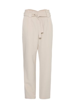 Beige hochtaillierte Hose mit einem gebundenen Gürtel in der Taille, mit taillierter Passform und schmal zulaufenden Beinen. Glattes Material mit einer weichen Textur.