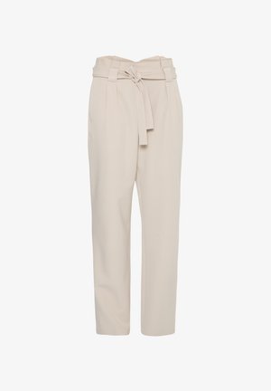 Bež hlače visoki struk s vezanom trakicom u struku, s krojem prilagođenim tijelu i suženim nogavicama. Glatka tkanina s mekanom teksturom.