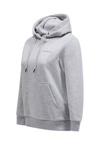 Grauer Kapuzenpullover aus weichem Stoff, mit einer Fronttasche, gerippten Bündchen und einer Kordel an der Kapuze. Dezentes Logodetail.