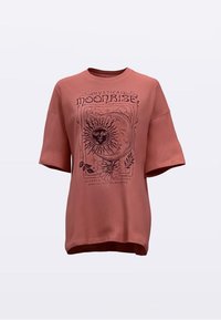 Oversize majica boje hrđe, pamučni materijal, kratki rukavi, s motivom sunca i detaljnim tekstom: "Mistično mjesečevo izlazak".