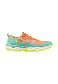 Adidași de alergare ușori, cu un superior portocaliu și accente turcoaz, plasă texturată și talpă vibrantă verde cu modele zigzag.