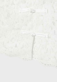 White lace fabric with floral patterns, featuring two decorative knotted ribbon closures and a scalloped edge hem.