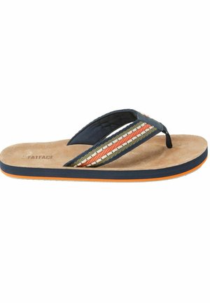 Navy blue flip-flop with fabric straps featuring a woven design in green, coral, and cream. Textured cork footbed and orange-striped sole.