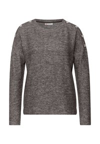 Grå stickad tröja med långa ärmar, rund halsringning och knappdetaljer på axlarna, med en mjuk textur och avslappnad passform.