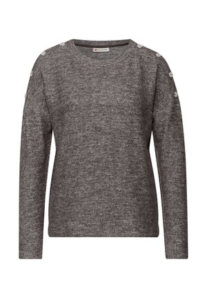 Szary sweter z dzianiny z długimi rękawami, okrągłym dekoltem i guzikami na ramionach, charakteryzujący się miękką teksturą i luźnym fasonem.