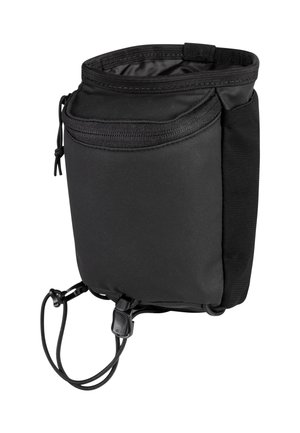 Black nylon bag with a cylindrical shape, top zipper closure, and adjustable drawstring. Features a small front pocket and sturdy hardware.