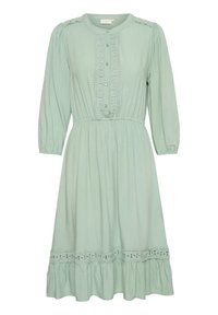 Hellgrünes Midi-Kleid mit langen Ärmeln, Knopfverschluss auf der Vorderseite, Spitzenbesatz am Oberteil und Saum, elastischem Bund und gerafftem Rock.