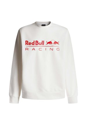 White sweatshirt with long sleeves, featuring a large red "Red Bull Racing" logo and two red bulls in a circular design. Soft texture.
