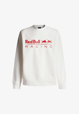 Valkoinen pitkähiha valmistettu collegepaita, jossa on suuri punainen "Red Bull Racing" -logo ja kaksi punaista härkää ympyrämuotoisessa designissa. Pehmeä pinta.