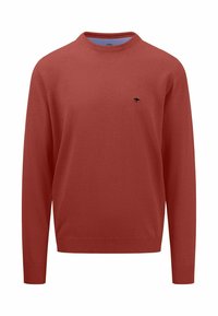 Red knitted sweater with a round neck, long sleeves, and ribbed cuffs. Features a small navy logo on the chest.