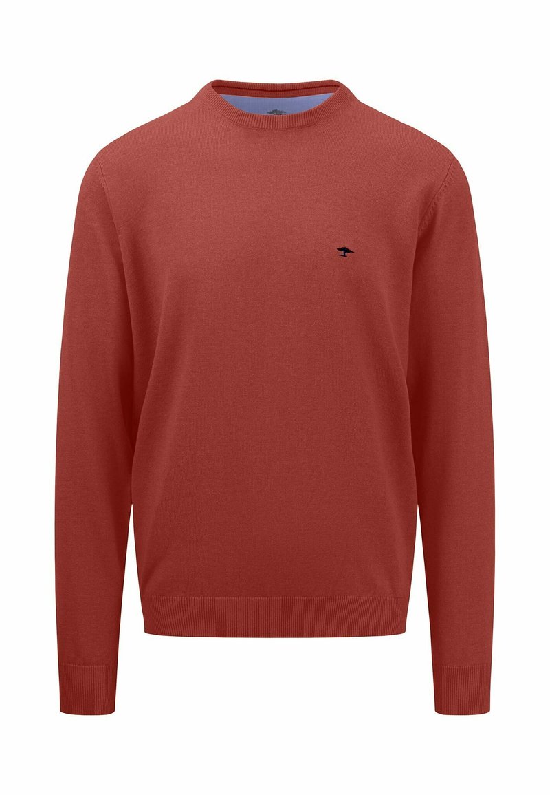 Red knitted sweater with a round neck, long sleeves, and ribbed cuffs. Features a small navy logo on the chest.