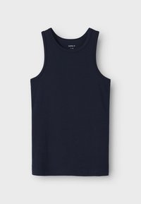 Débardeur en coton bleu marine avec un col rond et sans manches, présentant une texture lisse et un ourlet droit.
