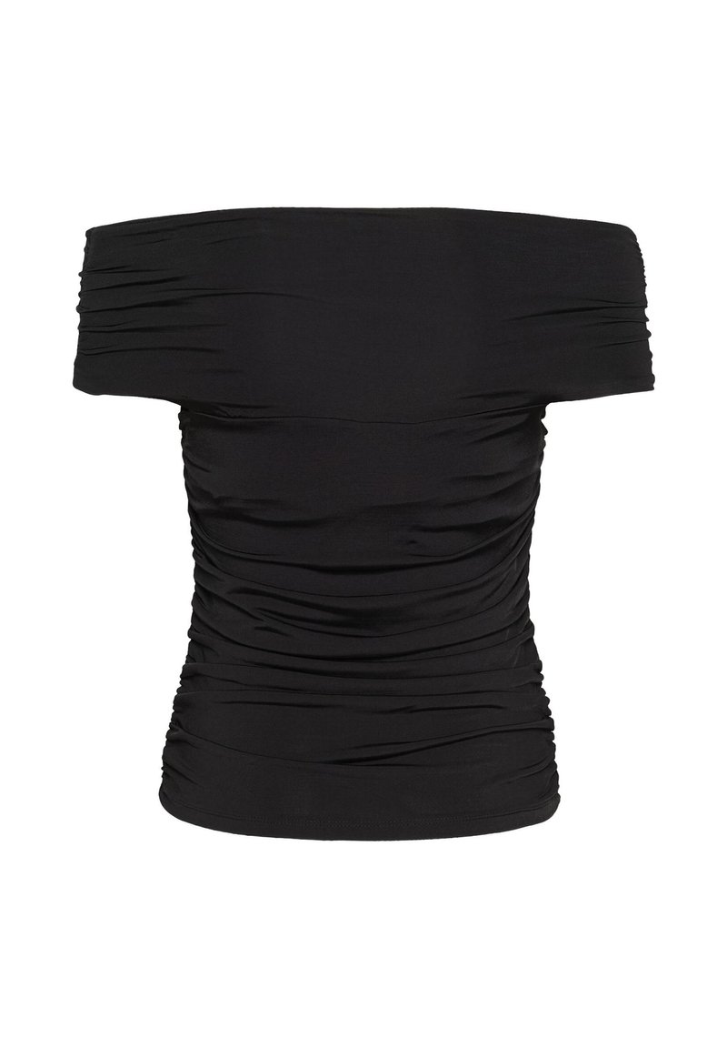 Zwarte off-shoulder top met ruches, nauwsluitend silhouet en korte mouwen, met opvallende textuur in de stof.