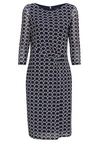 Marinblå klänning med rund halsringning och trekvartslånga ärmar, prydd med ett krämfärgat cirkulärt mönster och en knuten midjedetalj.