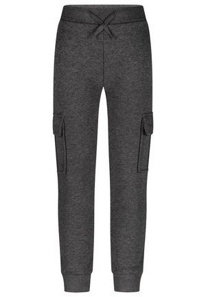 Graue Jogginghosen mit einem Kordelzugbund, gerippten Bündchen und zwei seitlichen Cargo-Taschen. Hergestellt aus einem weichen, strukturierten Stoff.