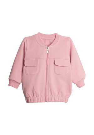 Różowa kurtka w rozmiarze dla malucha, z przednim zamkiem błyskawicznym, dwoma kieszeniami na klapki na piersi, ściągaczem na kołnierzu, mankietach oraz elastycznym pasem w talii.