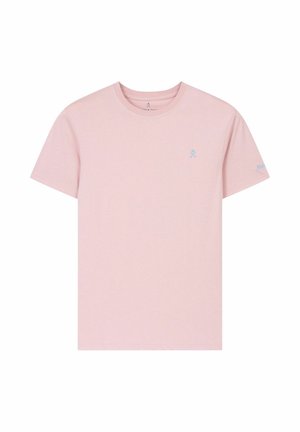 Hellrosa kurzärmeliges Baumwoll-T-Shirt mit rundem Ausschnitt und kleinem blauem Logo auf der linken Brust und am Ärmel.