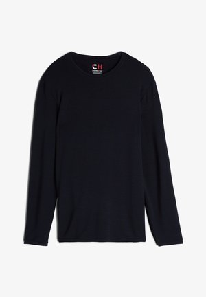 Camisa de manga larga en azul marino oscuro, cuello redondo, tela suave, corte holgado, con un pequeño logo en el cuello. Sin estampados ni detalles de hardware.