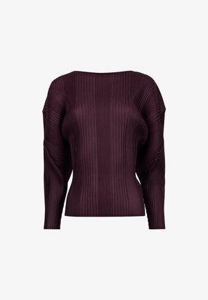 Burgundy ribbed long-sleeve top with a wide neckline and textured design. Features unique draped accents on the shoulders.
