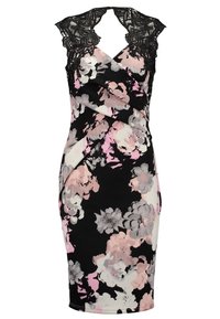Robe sans manches longueur genou avec col en dentelle noire, imprimé floral rose, blanc et gris sur fond noir.