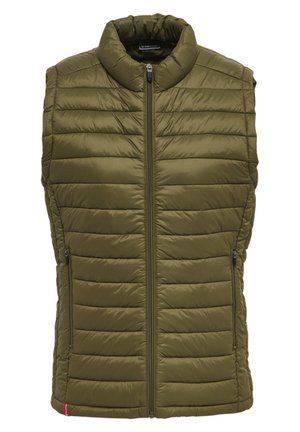 Gilet imbottito senza maniche verde oliva con texture trapuntata, colletto alto e chiusura frontale con zip; presenta due tasche laterali.