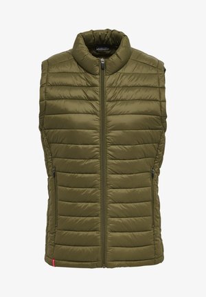 Gilet imbottito senza maniche verde oliva con texture trapuntata, colletto alto e chiusura frontale con zip; presenta due tasche laterali.