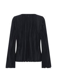 Blusa nera a maniche lunghe con texture plissettata, scollatura rotonda e maniche leggermente svasate, vista da dietro.