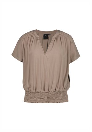 Short-sleeve blouse in light brown, featuring a V-neck, gathered detailing at shoulders, and smocked hem for a relaxed fit.