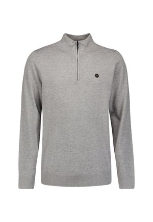 Grijze rits-hoodie met lange mouwen, gemaakt van zachte stof. Heeft een klein logo op de borst en ribboorden aan de onderrand en op de mouwen.