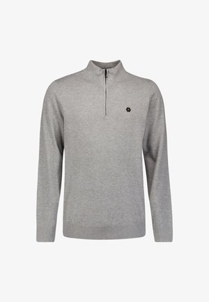 Grijze rits-hoodie met lange mouwen, gemaakt van zachte stof. Heeft een klein logo op de borst en ribboorden aan de onderrand en op de mouwen.