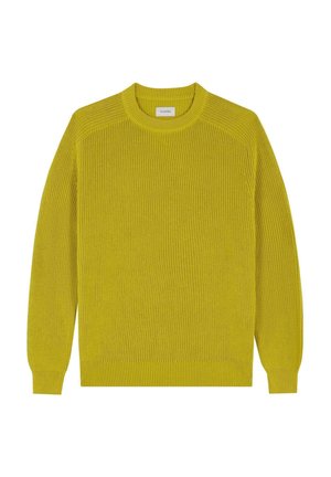 Suéter de punto amarillo con escote redondo, mangas largas, textura acanalada y dobladillo recto. Diseñado con detalles de contraste en los hombros.