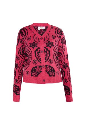 Strikket cardigan i lys pink med sorte blomster- og paisleymønstre. Har V-udskæring, lange ærmer og knaplukning foran.
