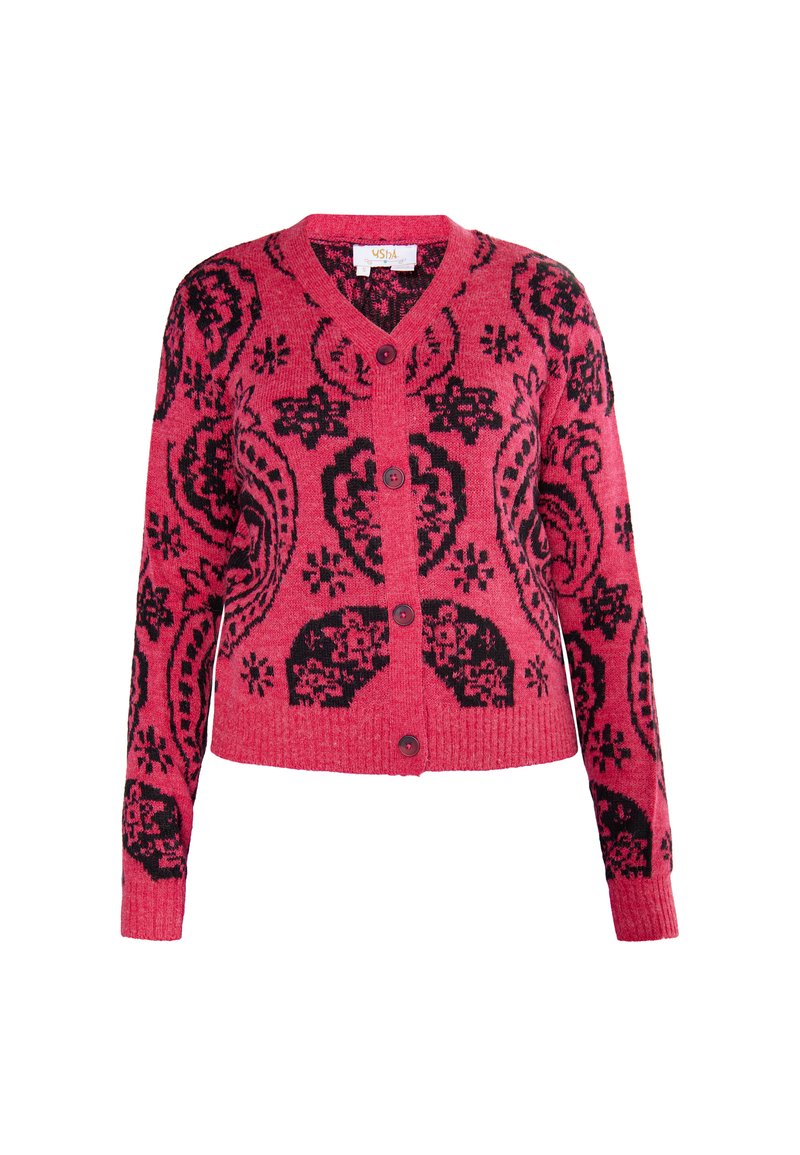 Stickad cardigan i stark rosa med svarta blommiga och paisleymönster. Har V-hals, långa ärmar och knappstängning fram.