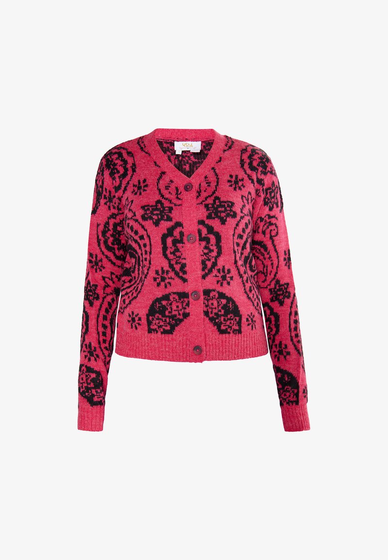 Gebreide cardigan in felroze met zwarte bloemen- en paisleypatronen. Heeft een V-hals, lange mouwen en een knoopsluiting aan de voorkant.