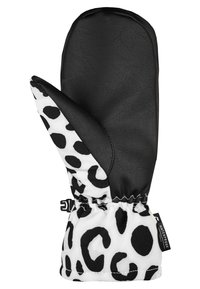 Schwarze Lederhandschuh mit einem weißen Stoff, der große schwarze Flecken aufweist, elastischem Handgelenk und einem wasserdichten Etikett. Texturiertes Leder und glattes Gewebe.