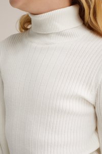 Rebrast pulover s turtleneck ovratnikom iz mehkega materiala, ki ima oprijet kroj in visok ovratnik, z nežno teksturo in navpičnimi črtami.