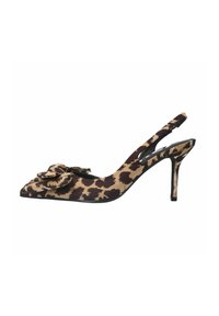 Escarpins à talons slingback en imprimé léopard, avec un bout pointu, en tissu, une accent floral, un talon stiletto noir et une finition texturée.