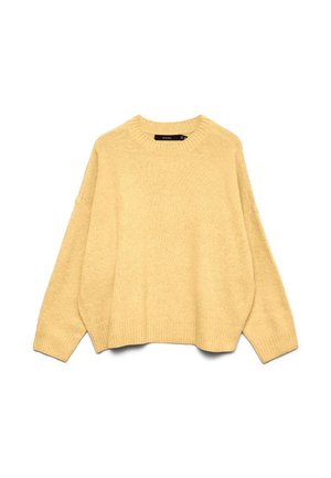 Puha, túlságosan nagy méretű, halvány sárga színű kötött pulóver, hosszú ujjú, bordázott mandzsettával, szegéllyel és kerek nyakkivágással, fehér háttéren laposan elhelyezve.