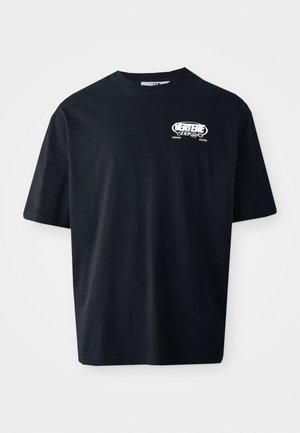 Black cotton t-shirt with short sleeves, crew neck, and front graphic print in white. Regular fit and smooth texture. No patterns or accents.