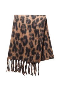 Šal s uzorkom leoparda izrađen od mekog materijala, sa crnim i tamnosmešnim mrljama na bež pozadini, sa resicama na rubovima za dodatnu teksturu.