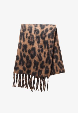 Šal z leopardjim vzorcem iz mehkega blaga, z črnimi in temno rjavimi madeži na bež ozadju, z resicami na robovih za dodatno teksturo.