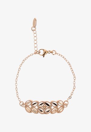 Delicate roségouden armband met bladvormige uitsparingen en een karabijnsluiting met een verstelbare verlengketting.