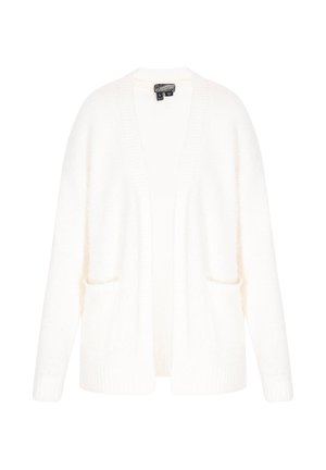 Bela pletena jopica z odprtim sprednjim delom, dolgimi rokavi in dvema sprednjima žepoma. Mehka tekstura in rebrasti detajli ob robovih.