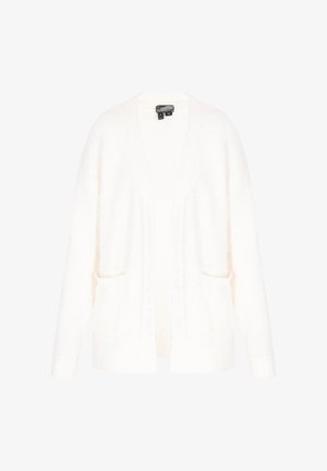 Valge kudumine kardigan avatud esiga, pikkade varrukatega ja kahe esise taskuga. Pehme tekstuur ja soonikkoes detailid servadel.